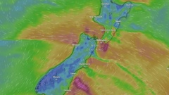 A fast-moving cold snap from Antarctica will bring chilly temperatures for much of New Zealand. Photo / Windy.com