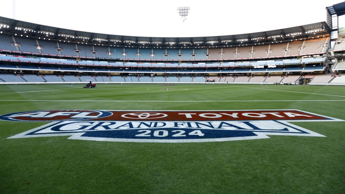 Grounds staff are seen before the AFL Grand Final match between Sydney Swans and Brisbane Lions at Melbourne Cricket Ground, on September 28, 2024, in Melbourne, Australia. (Photo by Darrian Traynor/AFL Photos via Getty Images)