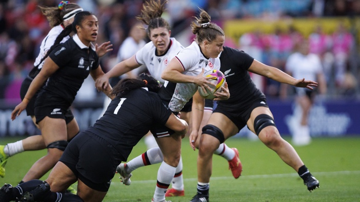 Canada's Justine Pelletier in action during the Women's Rugby World Cup 2025 Semi Final match between New Zealand and Canada at Ashton Gate on September 19, 2025 in Bristol, England. (Photo by Bob Bradford - CameraSport via Getty Images)