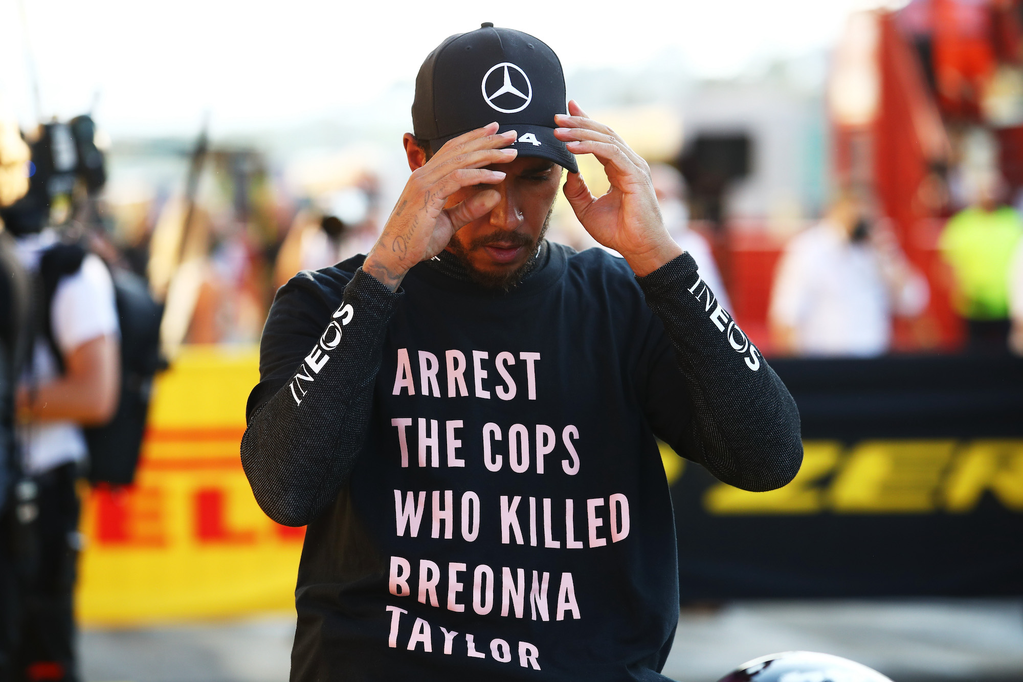 Lewis Hamilon wearing a t-shirt in support of Breonna Taylor. Photo / Getty via CNN