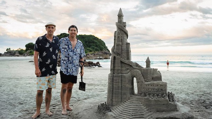 Brothers Jared (left) and Paul Brandon spent 10 hours sculpting the sandcastle at Mount Maunganui's main beach yesterday. Photo / Supplied