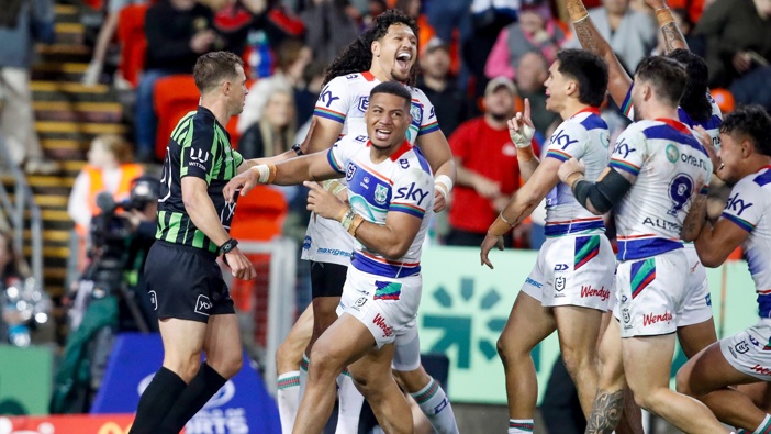 The Warriors celebrate after Leka Halasima scores. Newcastle Knights v One NZ Warriors. Photo / Photosport