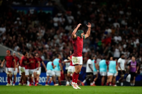 Portugal's Pedro Bettencourt celebrates after teammate scored a try during the Rugby World Cup Pool C match between Fiji and Portugal. Photo / AP