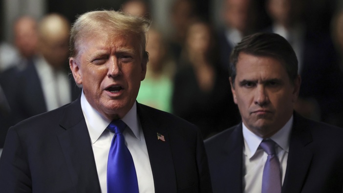 Former President Donald Trump speaks to the media alongside his attorney Todd Blanche after the conclusion of his hush money trial in New York. Photo / Pool via AP