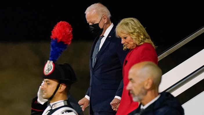 President Joe Biden and first lady Jill Biden arrive at Rome-Fiumicino International Airport to attend the G-20 leaders meeting in Rome. (Photo / AP)