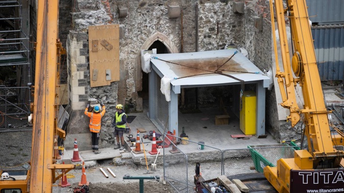 The roof of the Christ Church Cathedral has been removed as part of the deconstruction phase of the rebuild. Photo / George Heard