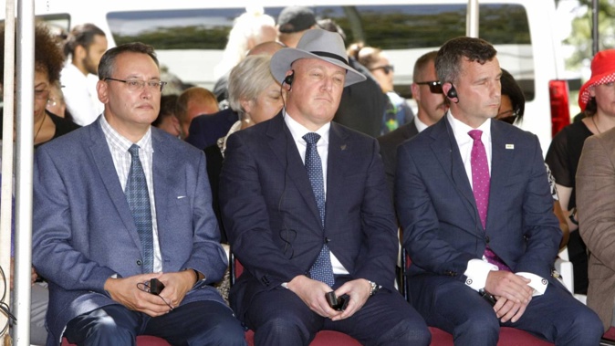 National leader Christopher Luxon (centre) and Act Party leader David Seymour (right) are less likely to be able to form a government together according to the Herald's Poll of Polls. Photo / Tania Whyte