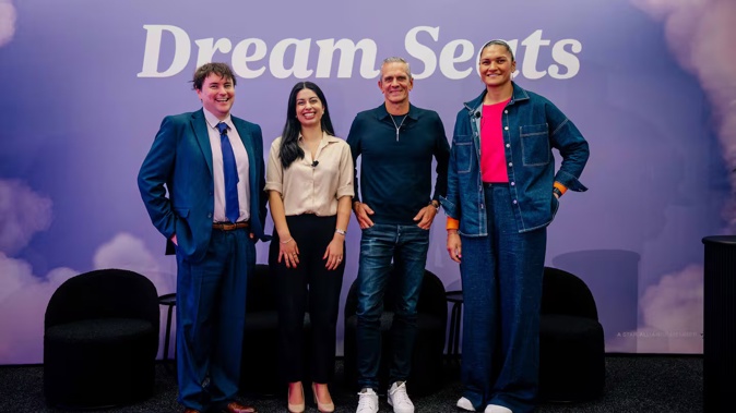 Tom Sainsbury, Simran Kaur, Josh Emett and Dame Valerie Adams are ambassadors for Air New Zealand's Dream Seats. Photo / Air NZ