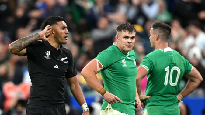 Rieko Ioane celebrates victory at fulltime following the Rugby World Cup quarter-final against Ireland. Photo / Getty Images
