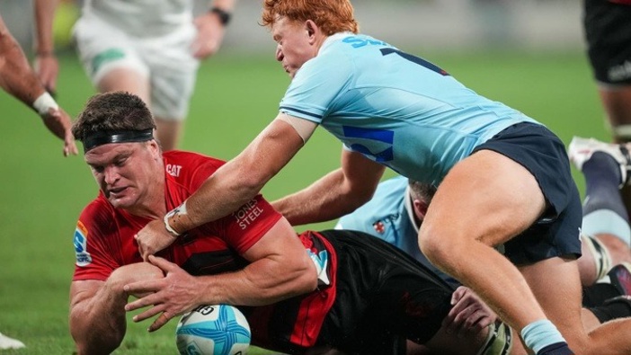Scott Barrett knocks on in the Crusaders' loss to the Waratahs. Photo / Getty Images