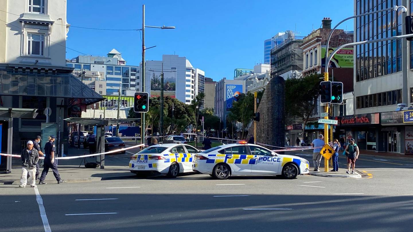 The intersection of Dixon St and Taranaki St in central Wellington was cordoned off following two arrests. Photo / NZME