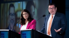 National Party finance spokeswoman Nicola Willis and Finance Minister Grant Robertson. Photo / Greg Bowker