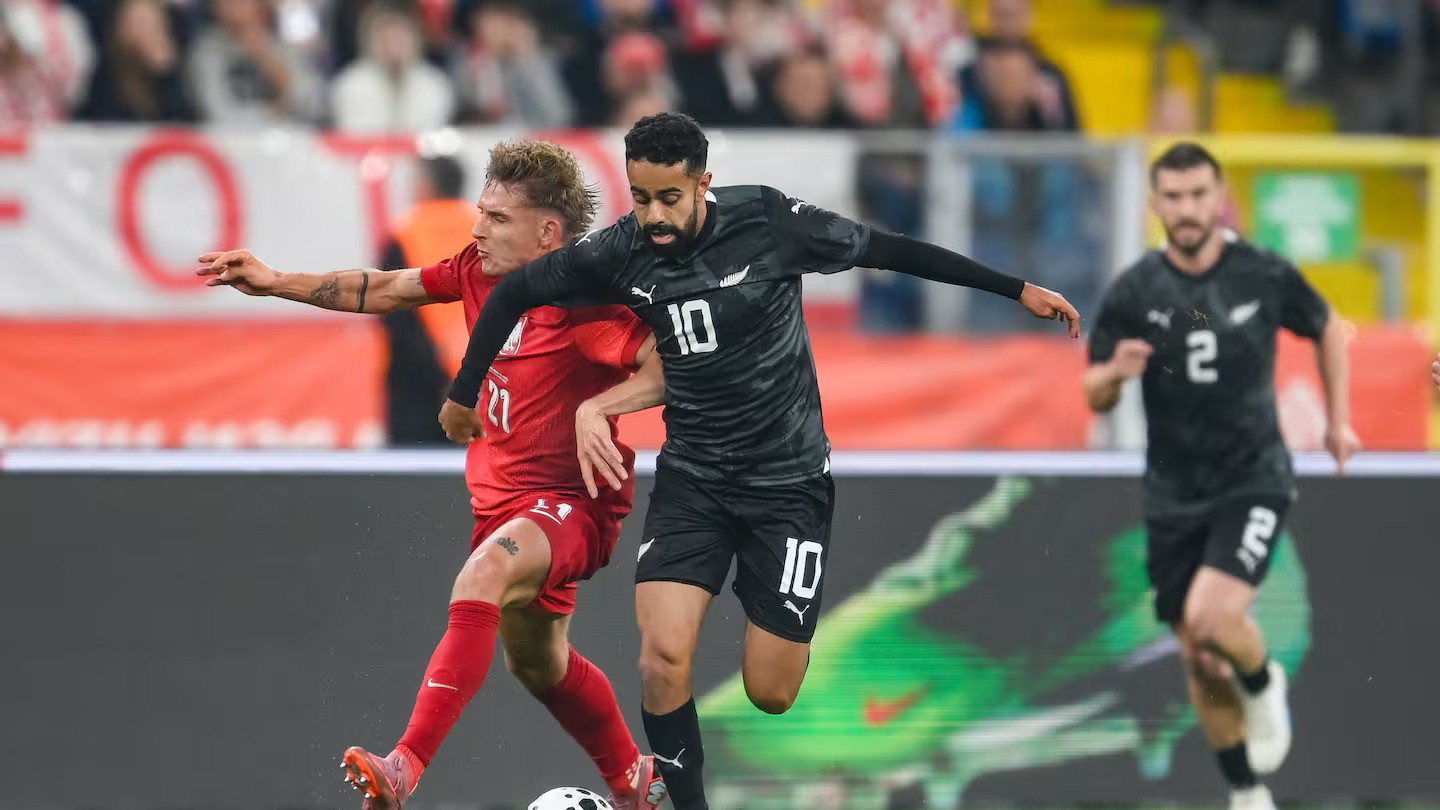 Sarpreet Singh of New Zealand and Nicola Zalewski of Poland battle for the ball during the men’s international friendly football match at Silesian Stadium, Chorzów. Photo / Photosport