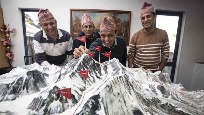 Nepalese community leaders with a 3D model of showing Hillary's route to the top of Mount Everest. From left, Dinesh Khadka, Uddhav Adhikary, Santosh Bhandari and Suman Dhungal. Photo / Jason Oxenham