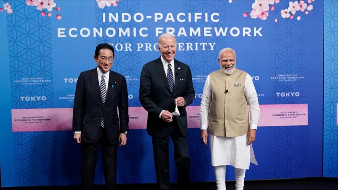 Japanese Prime Minister Fumio Kishida, left, President Joe Biden and Indian Prime Minister Narendra Modi at the Indo-Pacific Economic Framework for Prosperity launch. Photo / Evan Vucci, AP