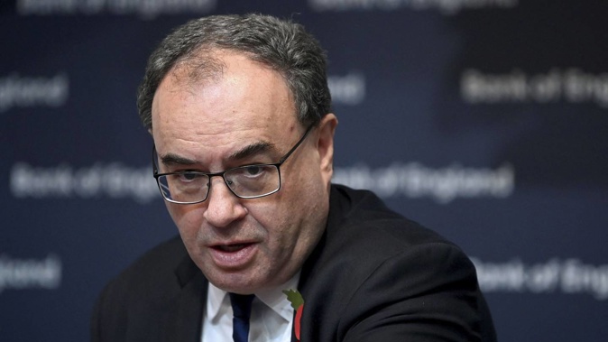 Governor of the Bank of England Andrew Bailey during a press conference for the release of the Monetary Policy Report, at the Bank of England, in London, on Thursday. Photo / AP