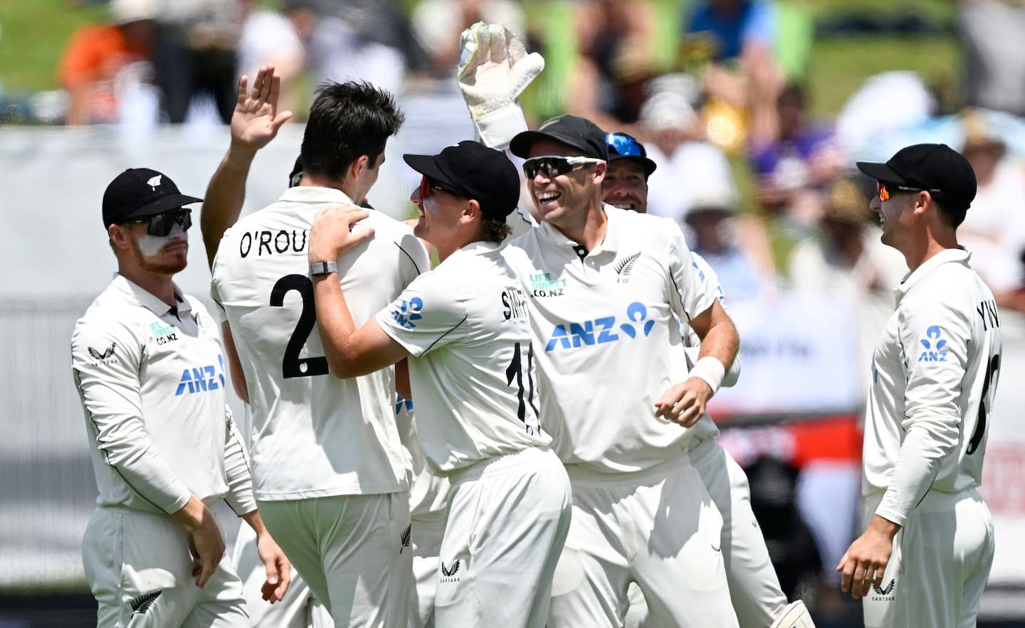 Will O'Rourke celebrates the wicket of Jacob Bethell. Photo / Photosport