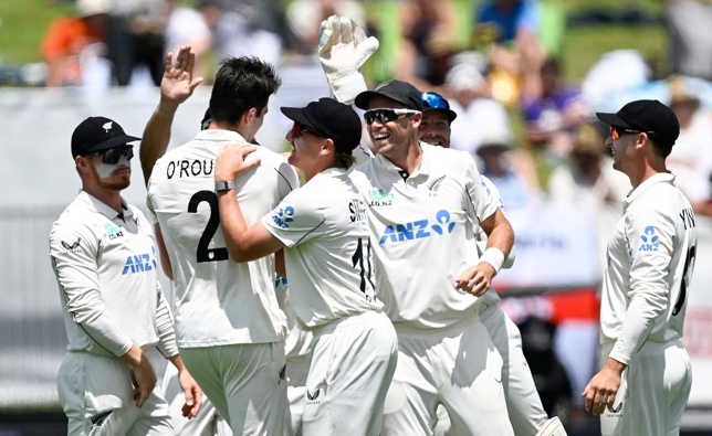 Will O'Rourke celebrates the wicket of Jacob Bethell. Photo / Photosport