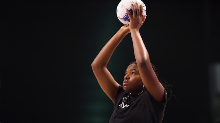 Grace Nweke of New Zealand warms up prior to game two of the Cadbury Netball Series between the New Zealand Silver Ferns and the England Vitality Roses at Christchurch Arena on September 22, 2021 in Christchurch, New Zealand. (Photo by Kai Schwoerer/Getty Images)