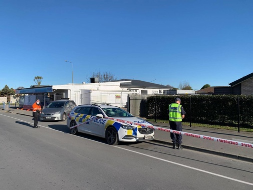 The police car which was allegedly struck by a man with a metal bar in Kaiapoi. The man was later shot by police. Photo / Kurt Bayer
