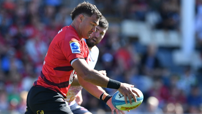 Crusaders' David Havili runs with the ball during the round four Super Rugby Pacific match between Crusaders and Queensland Reds at Apollo Projects Stadium in Christchurch, New Zealand, on March 9, 2025. (Photo by Sanka Vidanagama/NurPhoto via Getty Images)