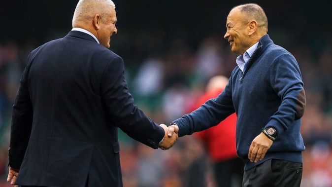 Wales coach Warren Gatland (left) shakes hands with Australian coach Eddie Jones. (Photo / NZ Herald)