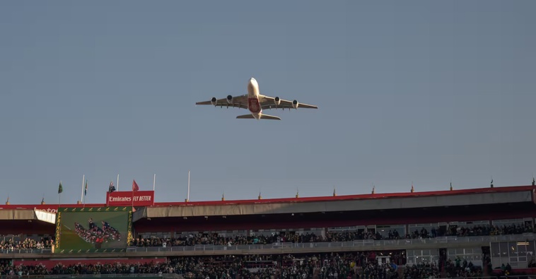 An Emirates Airlines A380 jumbo jet flew over the ground during the haka in Sunday's test at Ellis Park. Photo / Photosport