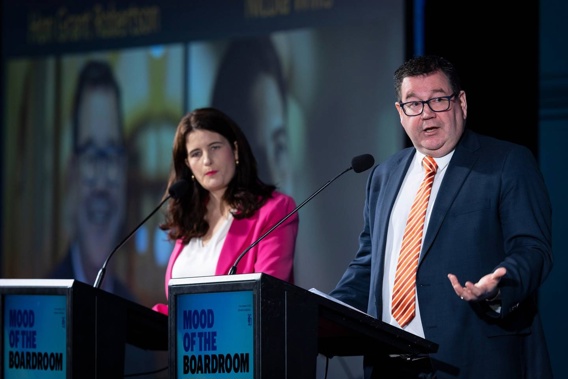National Finance spokeswoman Nicola Willis and Finance Minister Grant Robertson at an earlier debate. Photo / Greg Bowker