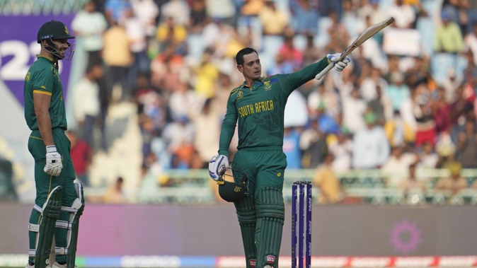 South Africa's Quinton De Kock celebrates after scoring a century during the ICC Cricket World Cup match between Australia and South Africa. Photo / AP