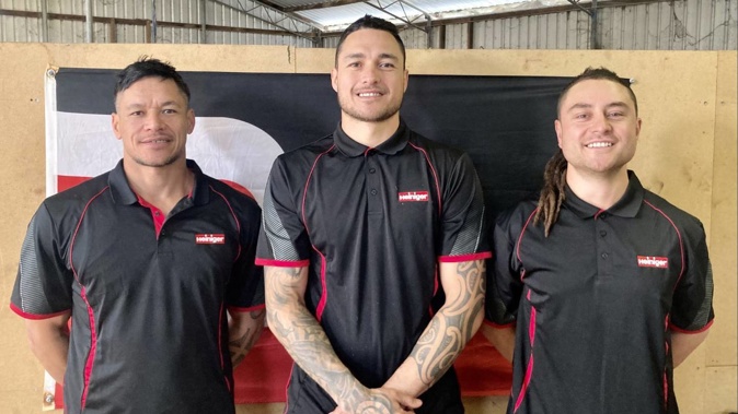 The record-breaking shearers, from left, Jim Brown, Lou Brown and Imran Sullivan, before their triumph at the weekend. Photo / Supplied