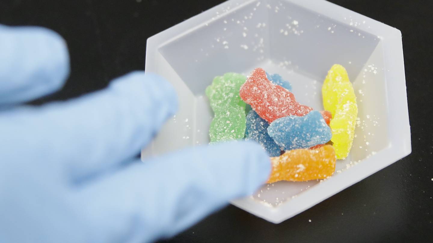 Edible marijuana samples are set aside for evaluation at a cannabis testing laboratory in Santa Ana in 2018. Photo / AP