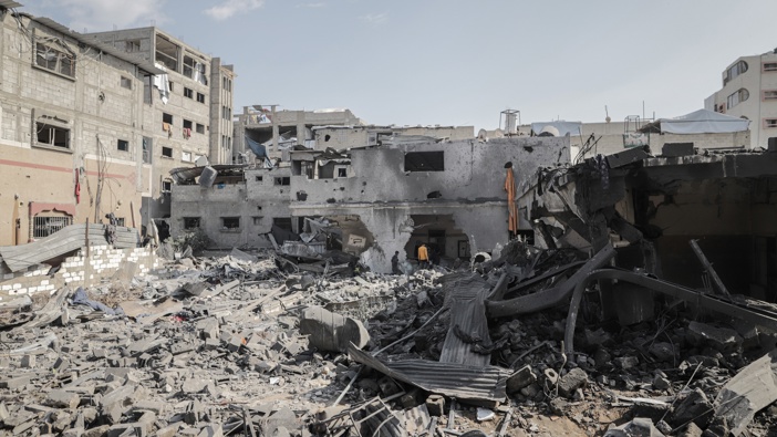 Palestinians inspect damage following an Israeli airstrike in the Shejaiya residential district, east of Gaza City, on Tuesday, March 18, 2025. Israel launched overnight airstrikes across Gaza that Hamas said killed hundreds of people, shattering a nearly two-month ceasefire with the Palestinian group. Photographer: Ahmad Salem/Bloomberg via Getty Images