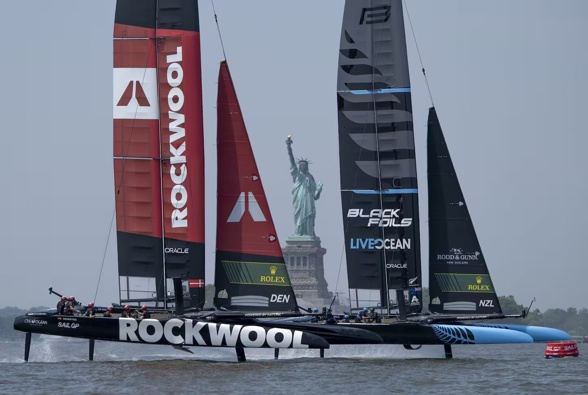The Black Foils sit fourth on the leaderboard after day one of SailGP's return to New York. Photo / SailGP