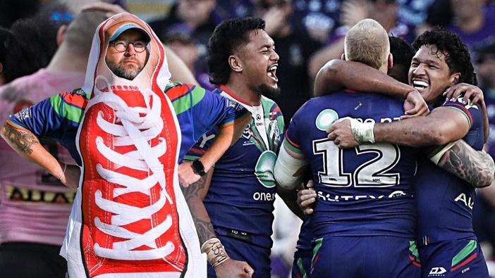 Warriors players celebrate their win during the NRL Round 11 match between the New Zealand Warriors and the Penrith Panthers at Suncorp Stadium in Brisbane, Sunday, May 19, 2024. (AAP Image/Jason OBrien/ Photosport) with Inset of Ngahinapouri school principal Mark Harrop. Photo / Photosport