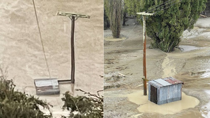 A pump shed at Te Konini farm in Waiwhare, Hawke's Bay, during Cyclone Gabrielle when more than 700mm of rain fell on the area, and what it looks like afterwards. Photo / Supplied