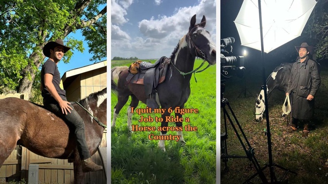 Destiny: The hobby-horse cowboy bought Shiok to undertake a 3000km journey across America. Photo / 2Raw2Ride, Instagram