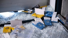 Vaping products were scattered among broken glass at a Pōkeno burglary overnight. Photo / Hayden Woodward