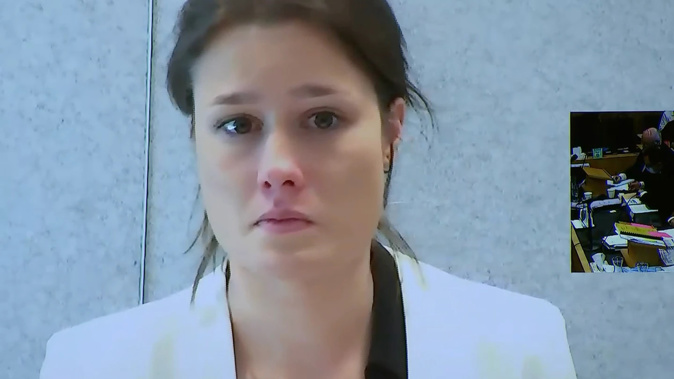 An emotional Rose Standtrue giving evidence of her life of "fear" at Gloriavale. Photo / NZH