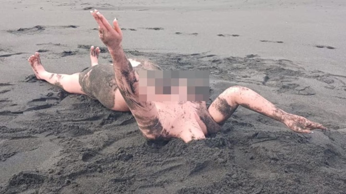 A headless sex doll inexplicably found on Tapuae Beach in Taranaki. Photo / Alice Cowdrey via RNZ