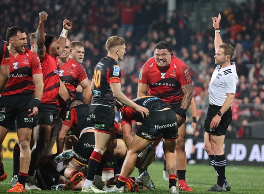 Sevu Reece and other Crusaders players react to getting a penalty awarded to them in front of the posts by referee Angus Gardner during the Super Rugby Pacific final played between the Crusaders and the Chiefs at Apollo Projects Stadium in Christchurch, New Zealand, 21st June 2025. Copyright Photo: Peter Meecham/www.photosport.nz