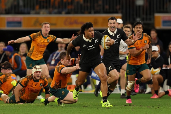 Leicester Fainga'anuku of the All Blacks runs the ball during the The Rugby Championship & Bledisloe Cup match in Perth. Photo / Getty Images