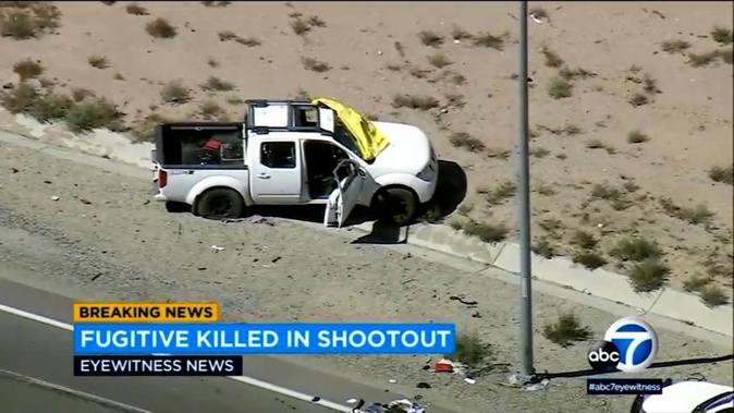 This image from video provided by KABC-TV shows a truck owned by Anthony John Graziano after a shootout on a highway. Photo / AP