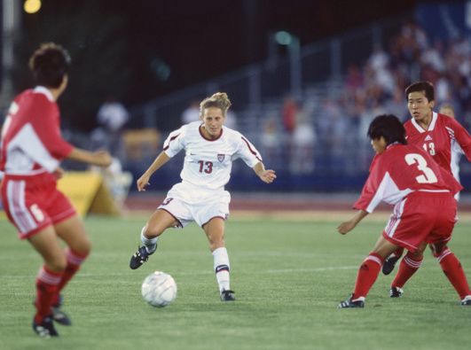 Kristine Lilly #13 of the United States plays in a match against China on July 27, 1998 during the 1998 Goodwill Games at the Nassau County Mitchel Athletic Complex in Uniondale, New York. Photo / AP