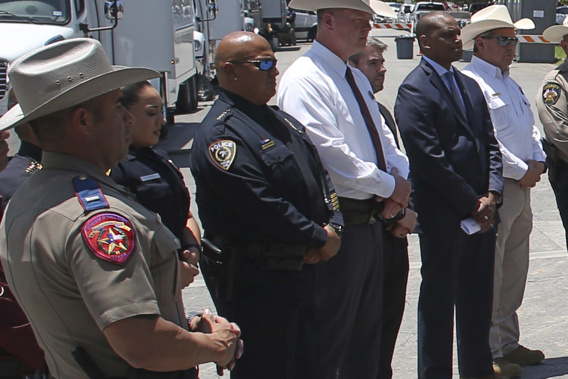 Uvalde School Police Chief Pete Arredondo, third from left, stands during a news conference outside of the Robb Elementary school in Uvalde, Texas. Photo / AP