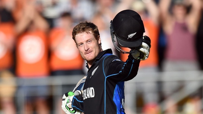Martin Guptill celebrates scoring the first ODI double century for a New Zealand batsman. Photo / Photosport
