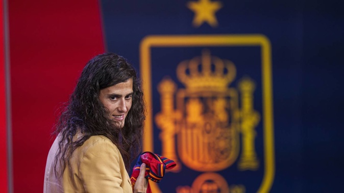 Spain's new women's national team coach Montse Tomé, looks on during her official presentation at the Spanish soccer federation headquarters. Photo / AP