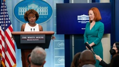 White House press secretary Jen Psaki, right, listens as incoming press secretary Karine Jean-Pierre speaks during a press briefing at the White House, Thursday, May 5, 2022, in Washington. (Photo / AP)