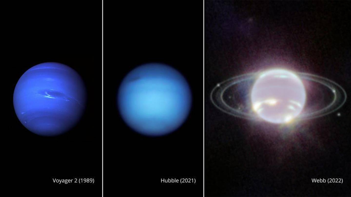 Three side-by-side images of Neptune. From left, a photo of Neptune taken by Voyager 2 in 1989, Hubble in 2021, and Webb in 2022. Photo / AP