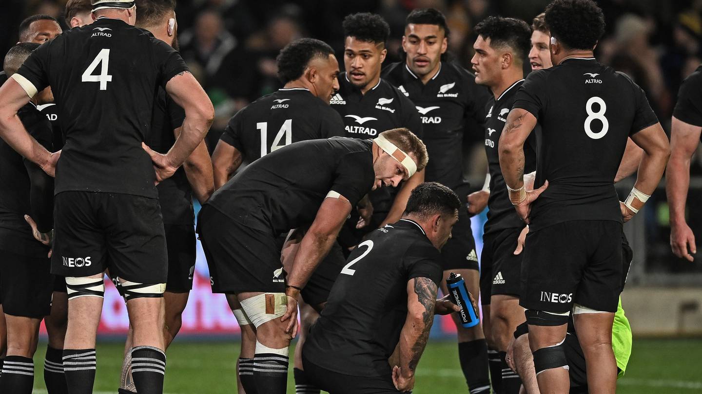 Captain Sam Cane speaks to Codie Taylor during the All Blacks' loss to Ireland. Photo / Photosport
