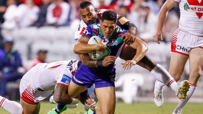Roger Tuivasa-Sheck is tackled in his side's match against the Dragons. Photo / Photosport